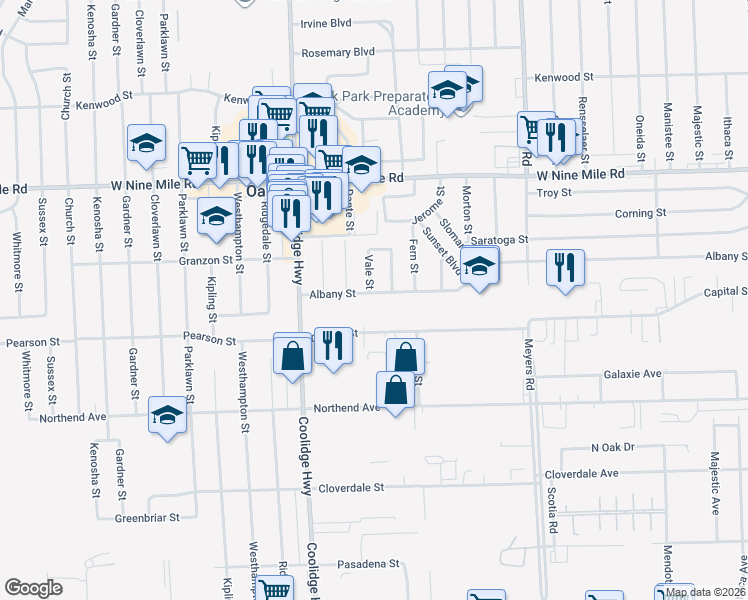 map of restaurants, bars, coffee shops, grocery stores, and more near 13201 Albany Street in Oak Park