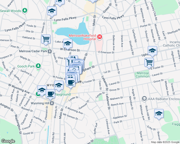 map of restaurants, bars, coffee shops, grocery stores, and more near 54 Winter Street Extension in Melrose