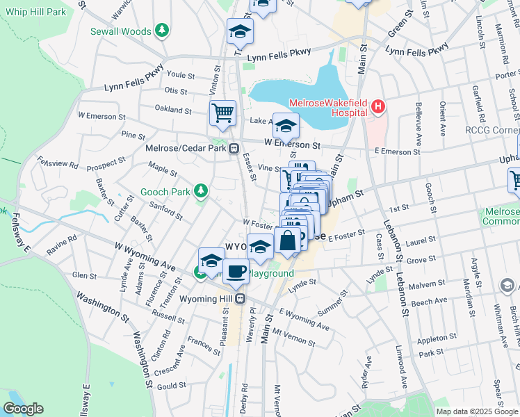 map of restaurants, bars, coffee shops, grocery stores, and more near 16 Willow Street in Melrose