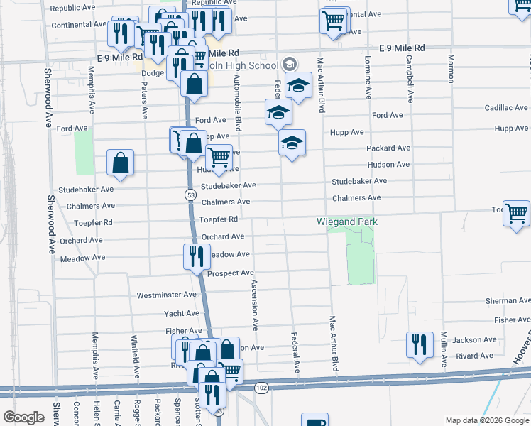 map of restaurants, bars, coffee shops, grocery stores, and more near 8269 Toepfer Road in Warren