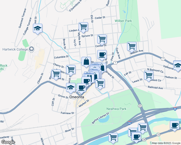 map of restaurants, bars, coffee shops, grocery stores, and more near 12 Ford Avenue in Oneonta