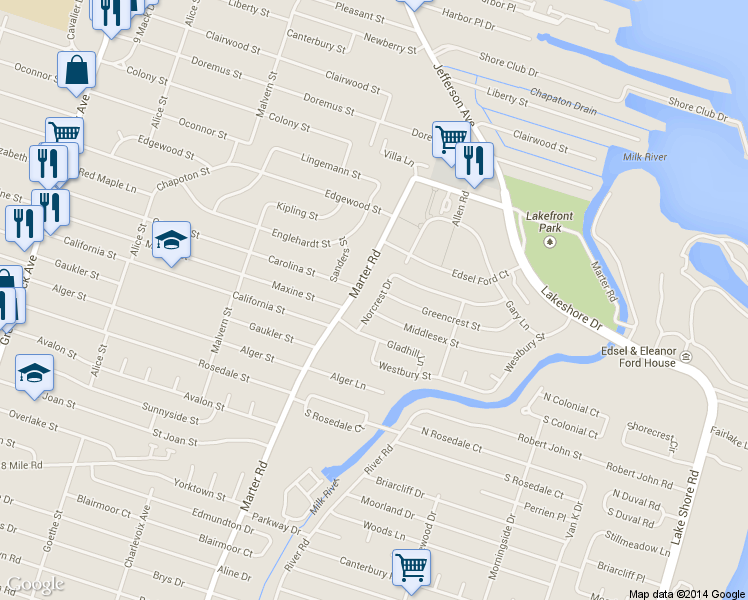 map of restaurants, bars, coffee shops, grocery stores, and more near 22431 Norcrest Dr in St Clair Shores