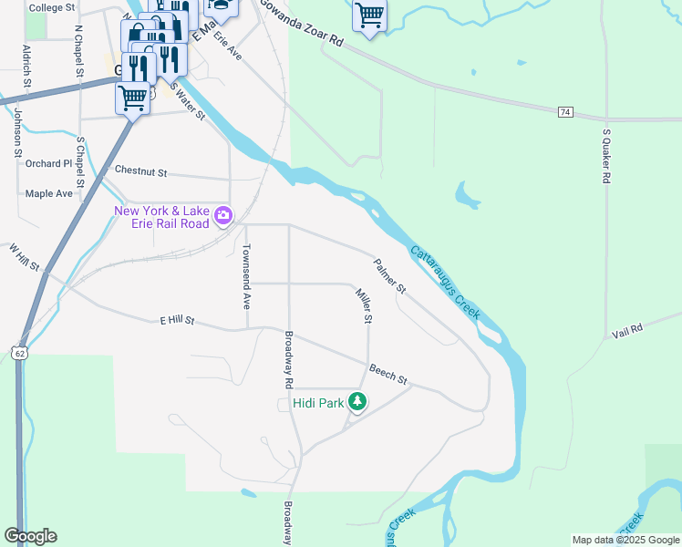 map of restaurants, bars, coffee shops, grocery stores, and more near 100 Miller Street in Gowanda