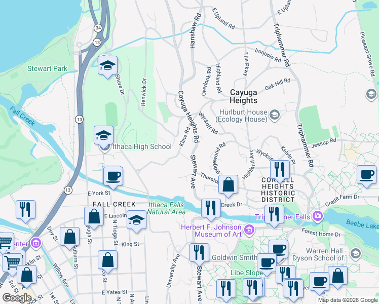 map of restaurants, bars, coffee shops, grocery stores, and more near 1024 Stewart Avenue in Ithaca