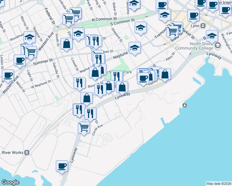map of restaurants, bars, coffee shops, grocery stores, and more near 517 Lynnway in Lynn