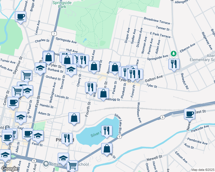map of restaurants, bars, coffee shops, grocery stores, and more near 52 Brown Street in Pittsfield