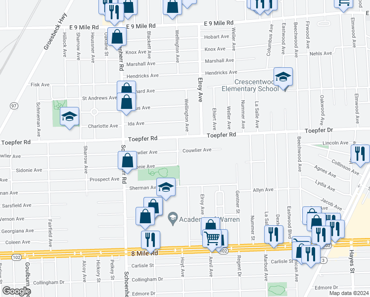 map of restaurants, bars, coffee shops, grocery stores, and more near 14035 Couwlier Avenue in Warren