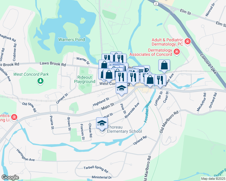 map of restaurants, bars, coffee shops, grocery stores, and more near 48 Junction Square Drive in Concord
