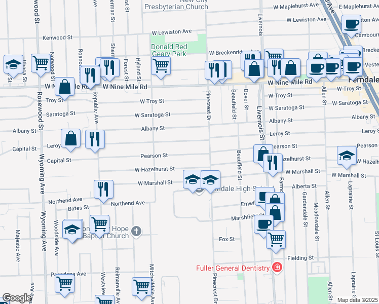 map of restaurants, bars, coffee shops, grocery stores, and more near 1308 Pearson Street in Ferndale