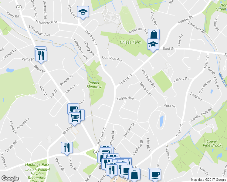 map of restaurants, bars, coffee shops, grocery stores, and more near 56 Hancock Street in Lexington