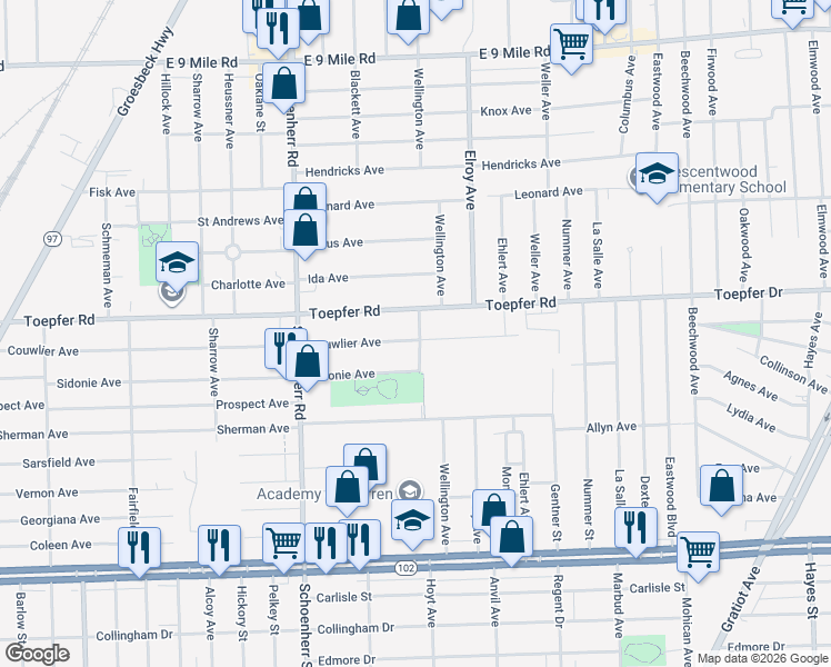 map of restaurants, bars, coffee shops, grocery stores, and more near 13923 Couwlier Avenue in Warren