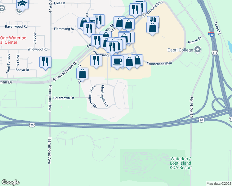 map of restaurants, bars, coffee shops, grocery stores, and more near 4115 Mourning Dove Drive in Waterloo