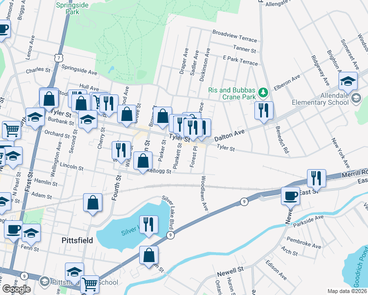 map of restaurants, bars, coffee shops, grocery stores, and more near 46 Plunkett Street in Pittsfield