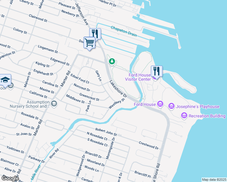 map of restaurants, bars, coffee shops, grocery stores, and more near 22824 Gary Lane in St. Clair Shores
