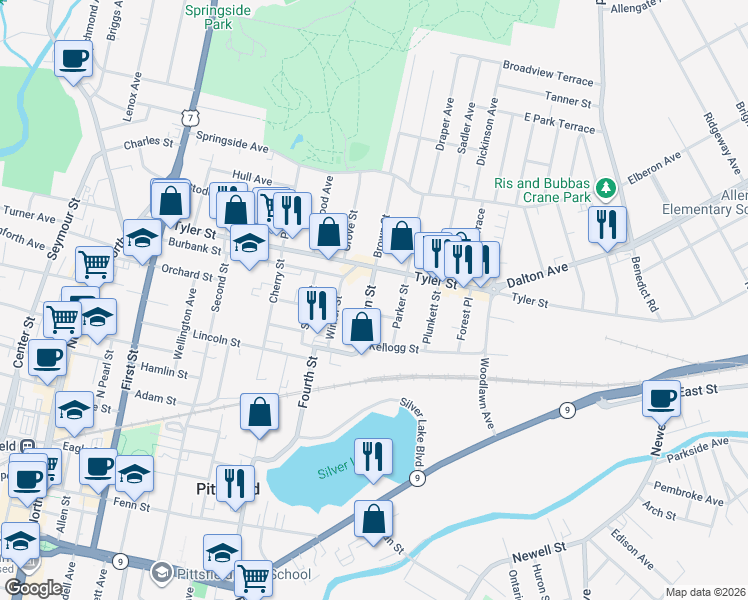 map of restaurants, bars, coffee shops, grocery stores, and more near 52 Brown Street in Pittsfield
