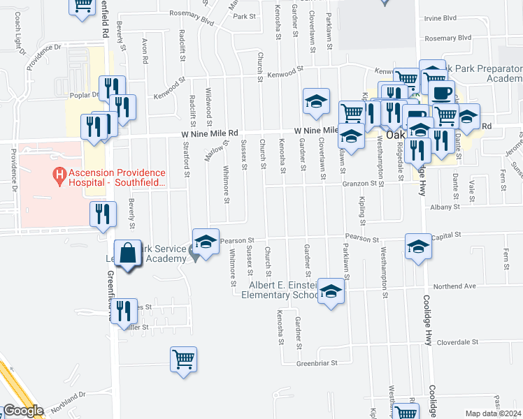 map of restaurants, bars, coffee shops, grocery stores, and more near 21901 Church Street in Oak Park