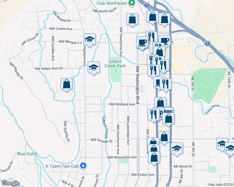 map of restaurants, bars, coffee shops, grocery stores, and more near 1521 Northwest Thompson Way in Grants Pass