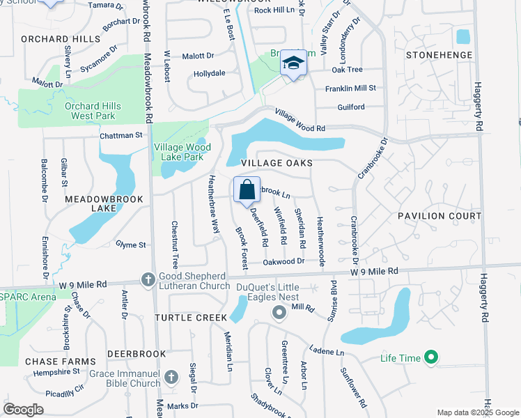 map of restaurants, bars, coffee shops, grocery stores, and more near 22690 Deerfield Road in Novi
