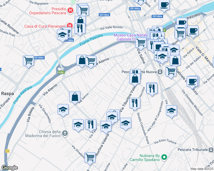 map of restaurants, bars, coffee shops, grocery stores, and more near Via Tona in Pescara