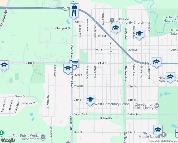 map of restaurants, bars, coffee shops, grocery stores, and more near 2116 Joanna Avenue in Zion