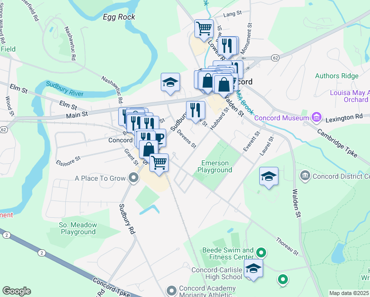 map of restaurants, bars, coffee shops, grocery stores, and more near 146 Hubbard St in Concord