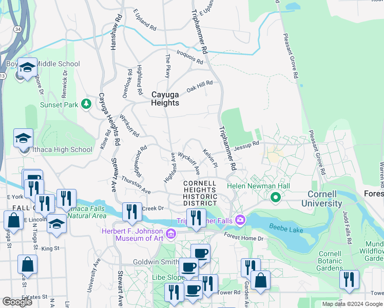 map of restaurants, bars, coffee shops, grocery stores, and more near 419 Wyckoff Avenue in Ithaca
