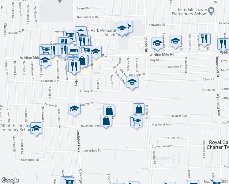 map of restaurants, bars, coffee shops, grocery stores, and more near 13041 Albany Street in Oak Park