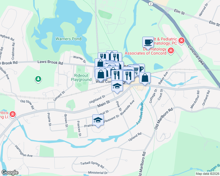 map of restaurants, bars, coffee shops, grocery stores, and more near 15 Junction Square Drive in Concord