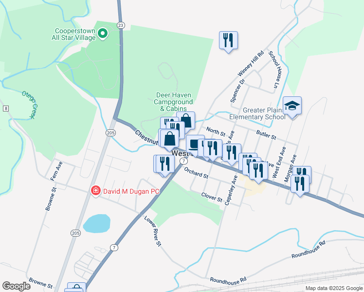 map of restaurants, bars, coffee shops, grocery stores, and more near 101 Winney Hill Road in Oneonta