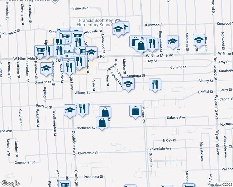 map of restaurants, bars, coffee shops, grocery stores, and more near 13001 Albany Street in Oak Park