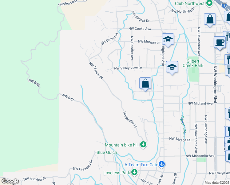 map of restaurants, bars, coffee shops, grocery stores, and more near 1085 Northwest Starlite Place in Grants Pass