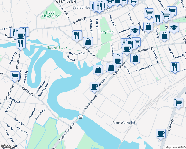 map of restaurants, bars, coffee shops, grocery stores, and more near in Lynn