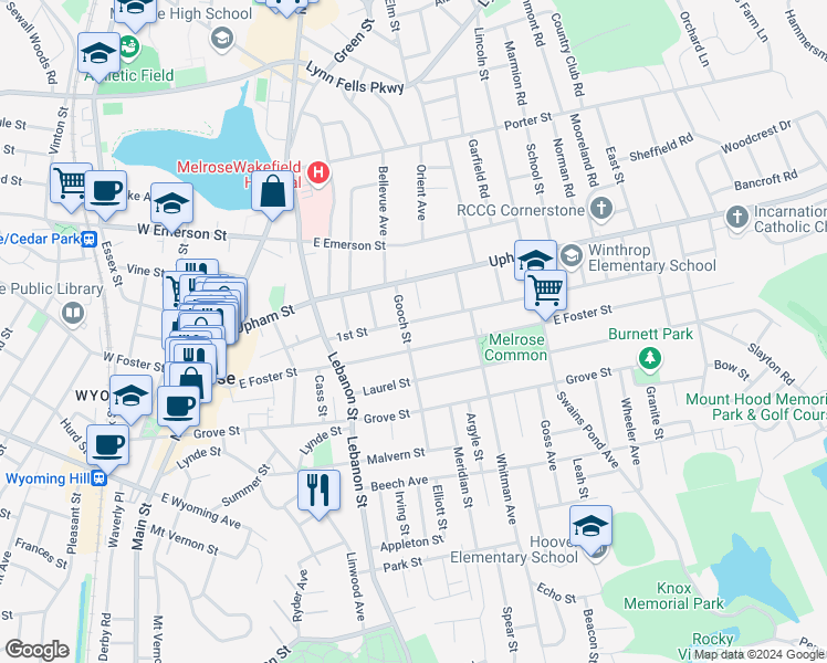 map of restaurants, bars, coffee shops, grocery stores, and more near 45 1st Street in Melrose