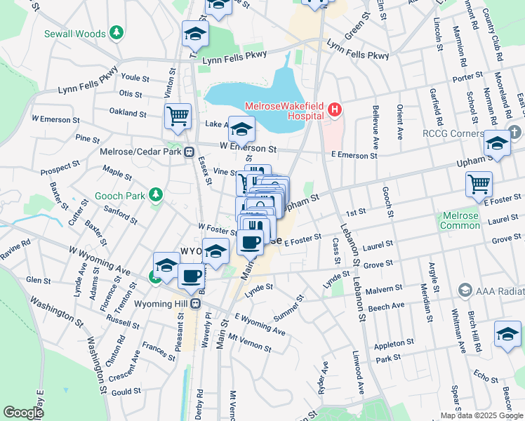 map of restaurants, bars, coffee shops, grocery stores, and more near 18 Essex Street in Melrose