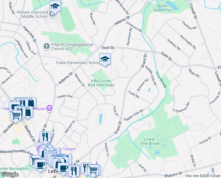 map of restaurants, bars, coffee shops, grocery stores, and more near 32 Colony Road in Lexington