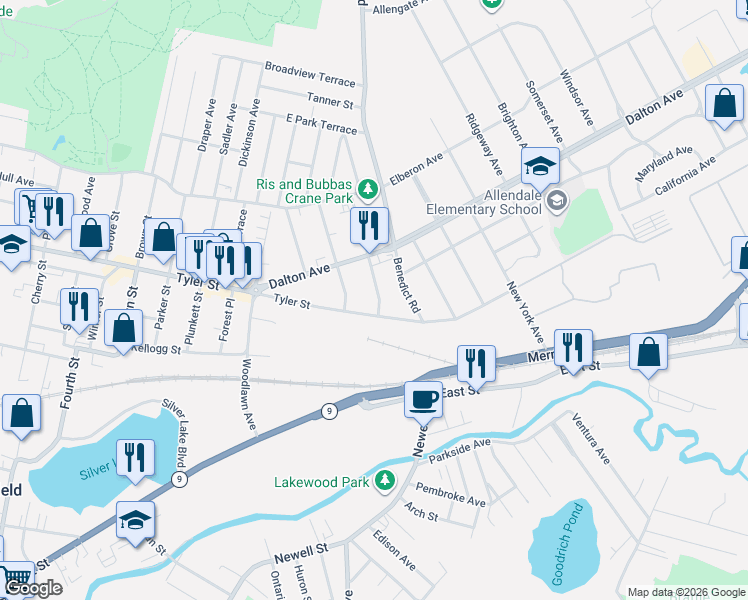 map of restaurants, bars, coffee shops, grocery stores, and more near 10 Dartmouth Street in Pittsfield