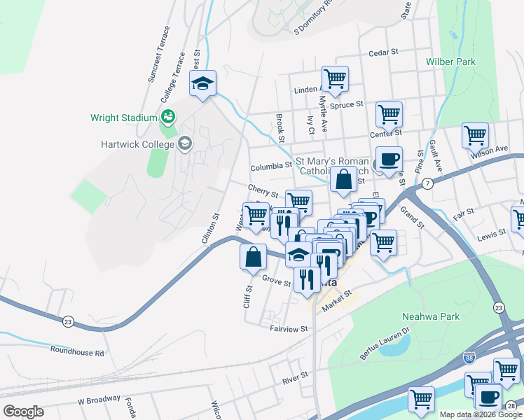 map of restaurants, bars, coffee shops, grocery stores, and more near 23 Franklin Street in Oneonta