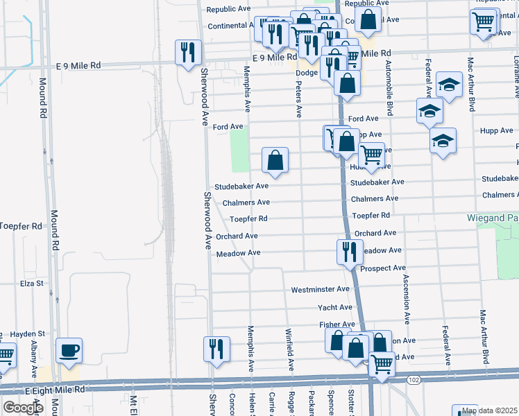 map of restaurants, bars, coffee shops, grocery stores, and more near 7054 Chalmers Avenue in Warren