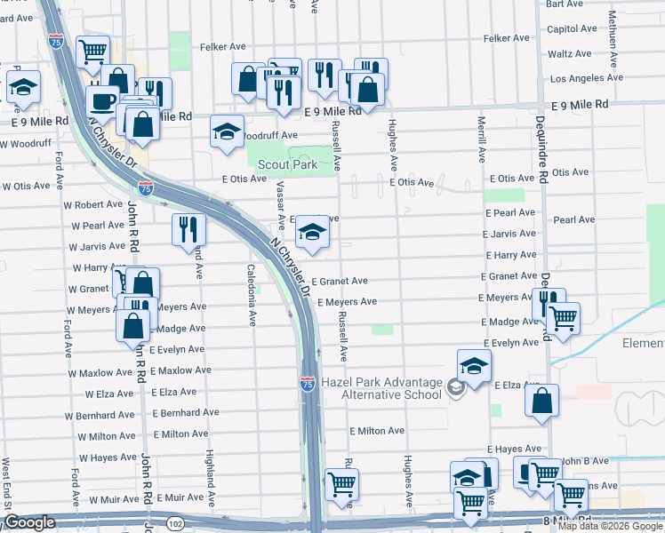 map of restaurants, bars, coffee shops, grocery stores, and more near 1028 East Harry Avenue in Hazel Park