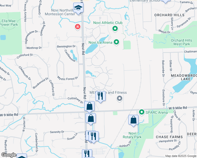 map of restaurants, bars, coffee shops, grocery stores, and more near 23158 Sagebrush in Novi