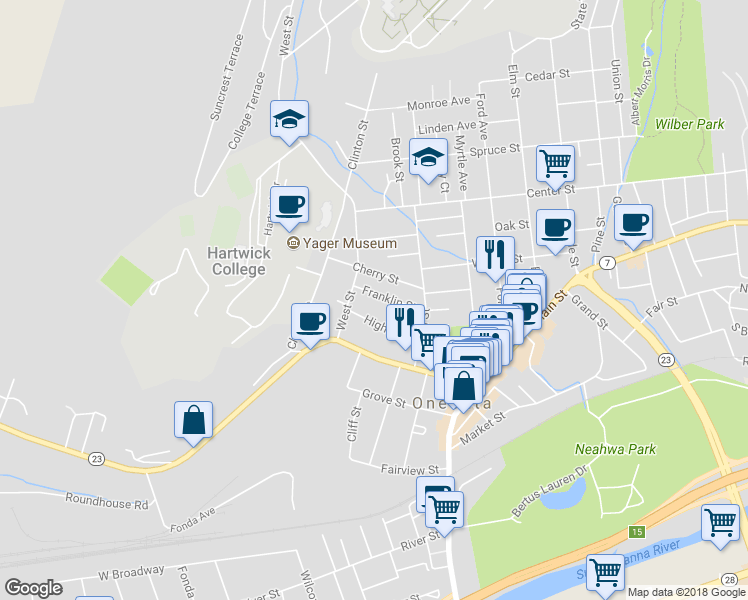 map of restaurants, bars, coffee shops, grocery stores, and more near 19 Franklin Street in Oneonta