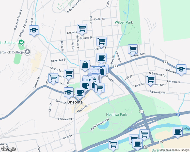 map of restaurants, bars, coffee shops, grocery stores, and more near 11 Elm Street in Oneonta