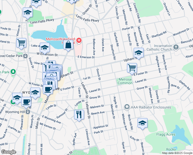 map of restaurants, bars, coffee shops, grocery stores, and more near 45 1st Street in Melrose