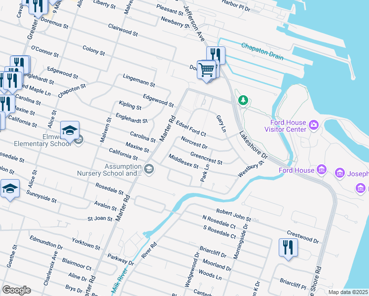 map of restaurants, bars, coffee shops, grocery stores, and more near 23125 Greencrest Street in St. Clair Shores