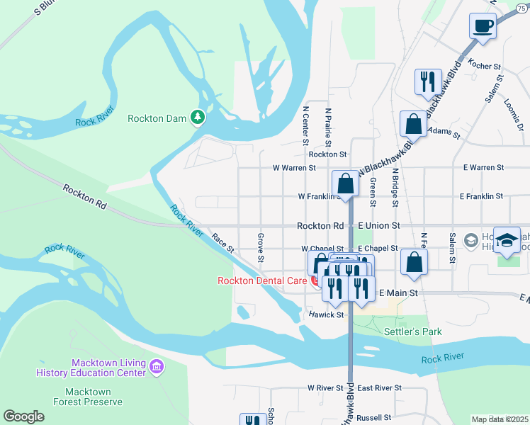 map of restaurants, bars, coffee shops, grocery stores, and more near 417 Grove Street in Rockton