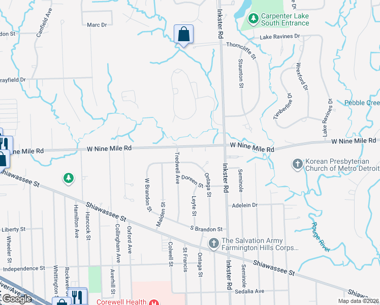 map of restaurants, bars, coffee shops, grocery stores, and more near 22258 Ontaga Street in Farmington Hills