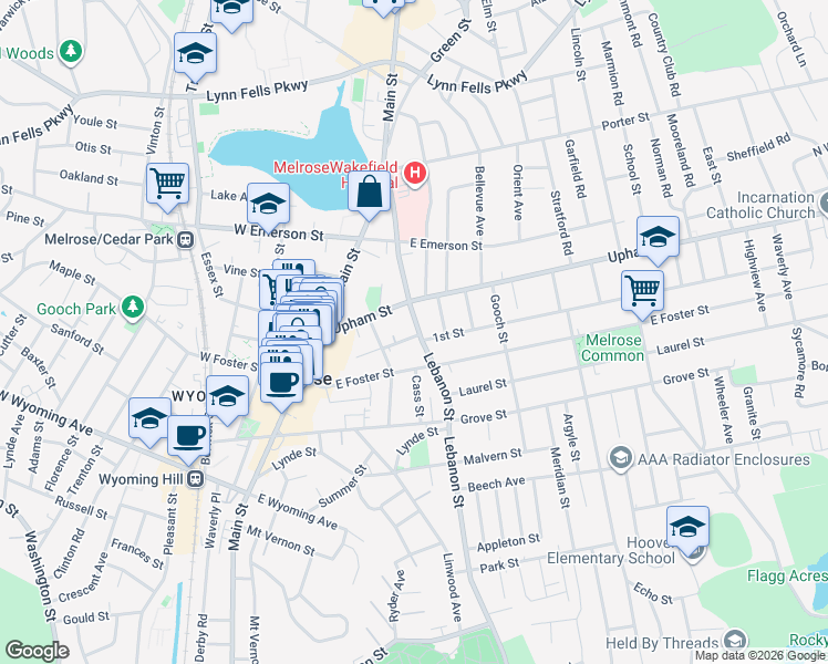 map of restaurants, bars, coffee shops, grocery stores, and more near 478 Lebanon Street in Melrose