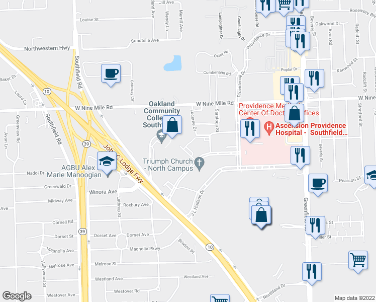 map of restaurants, bars, coffee shops, grocery stores, and more near 16500 North Park Place in Southfield