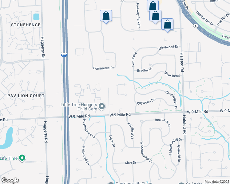 map of restaurants, bars, coffee shops, grocery stores, and more near 38312 Lana Court in Farmington Hills
