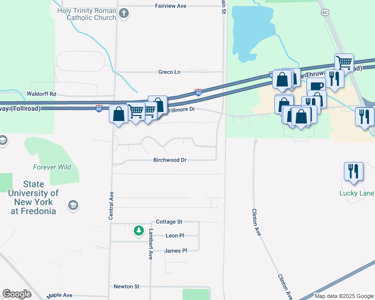 map of restaurants, bars, coffee shops, grocery stores, and more near 28 Middlesex Dr in Fredonia